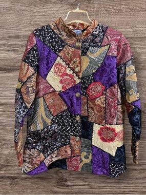 Indigo Moon velvet silk bland, tapestry patchwork jacket. Large.